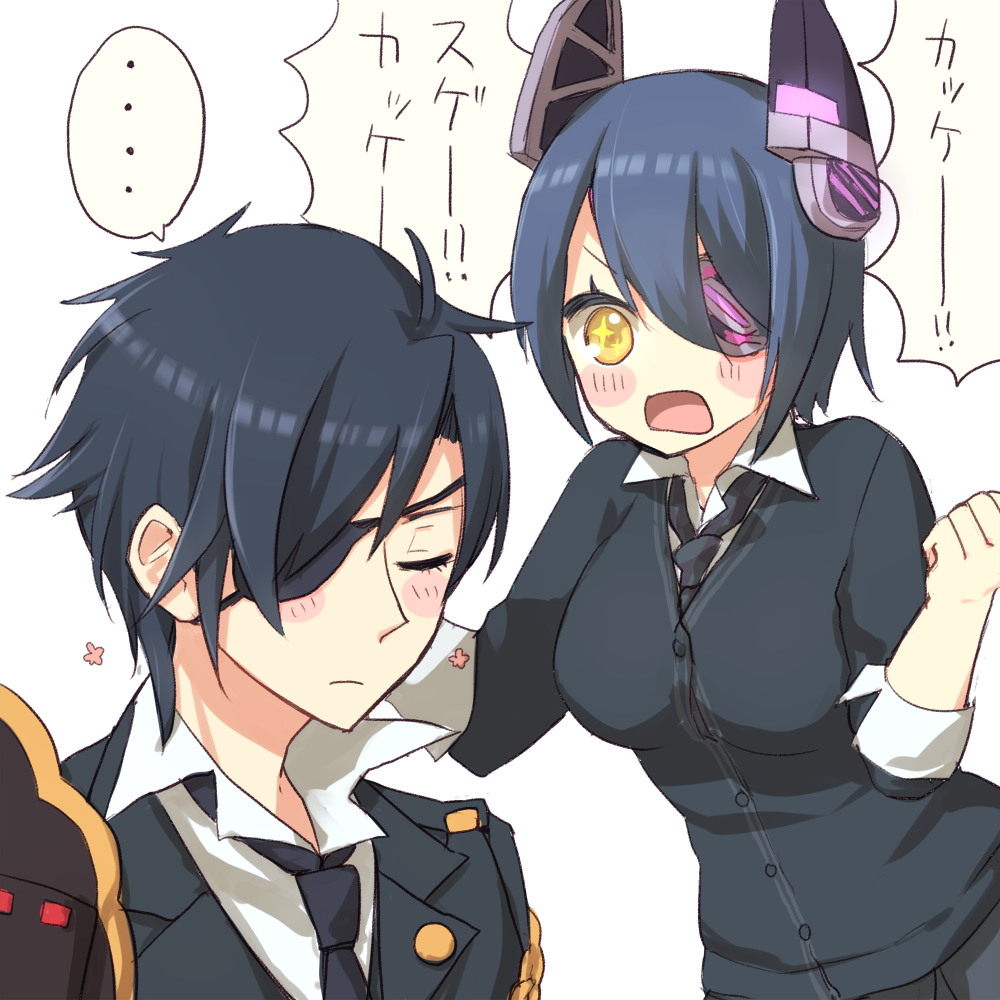 ..., 10s, 1boy, 1girl, armor, bad_id, bad_pixiv_id, black_hair, breasts, crossover, eyepatch, closed_eyes, formal_clothes, gloves, japanese_armor, kantai_collection, large_breasts, necktie, purple_hair, sawatari_(sado), shokudaikiri_mitsutada, shokudaikiri_mitsutada_(touken_ranbu), short_hair, shoulder_armor, shoulder_pads, sode, sparkling_eyes, suit, tenryuu_(kancolle), touken_ranbu, trait_connection, translated, uniform, yellow_eyes