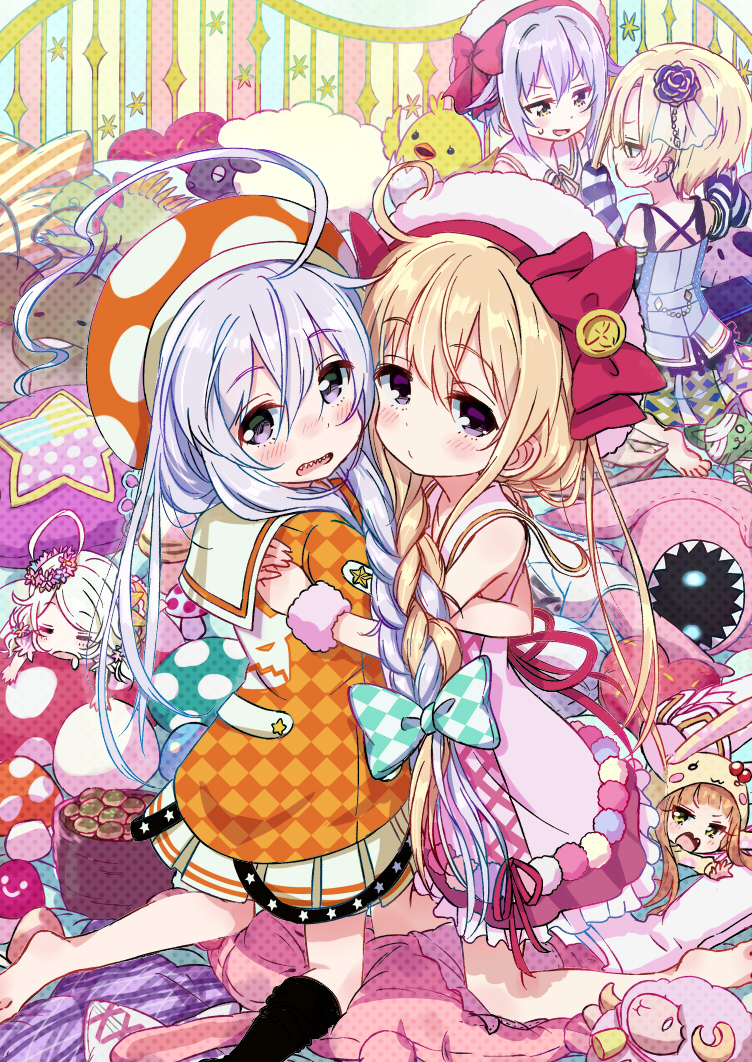 6+girls, ahoge, animal_costume, barefoot, bird, blonde_hair, braid, brown_eyes