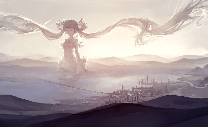 1girl, absurdly_long_hair, bad_id, bad_pixiv_id, bare_shoulders, bridge, city, cityscape