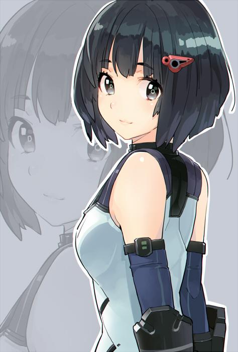 1girl, arms_behind_back, bare_shoulders, black_eyes, black_hair, bodysuit, detached_sleeves, female_focus