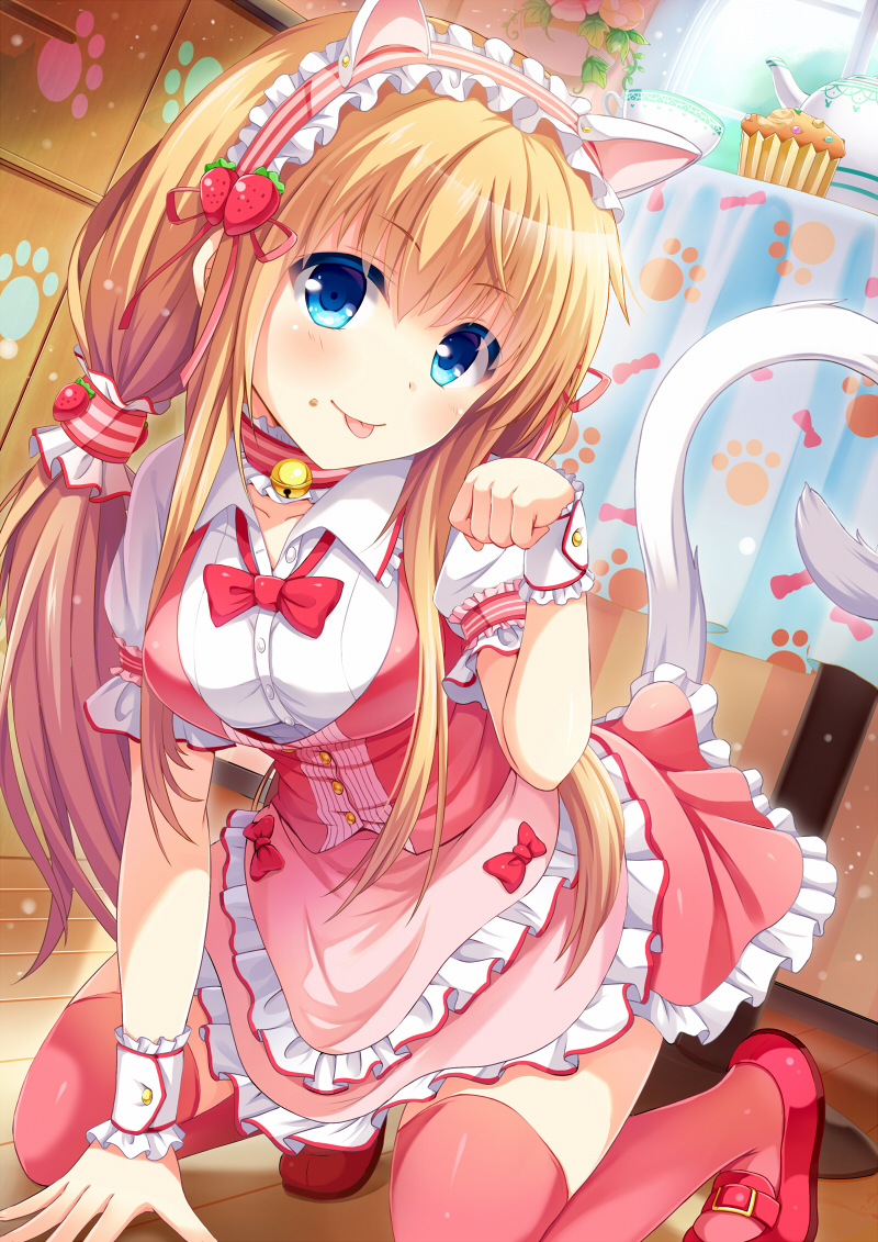 1girl, animal_ears, bell, blonde_hair, blue_eyes, cat_ears, cat_tail, collar
