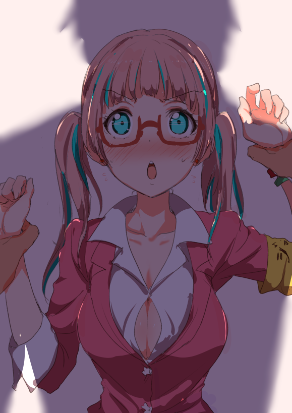 1boy, 1girl, aqua_eyes, aqua_hair, armband, blush, breasts, clearite, cleavage, glasses, holding_another's_wrist, large_breasts, long_hair, looking_at_viewer, multicolored_hair, open_mouth, pink_hair, restrained, rokusaki_coney, shadow, solo_focus, sweatdrop, tokyo_7th_sisters