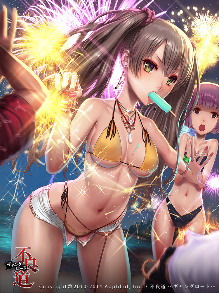 2girls, bandeau, bare_shoulders, beach, bikini, bikini_top_only, blunt_bangs, breasts