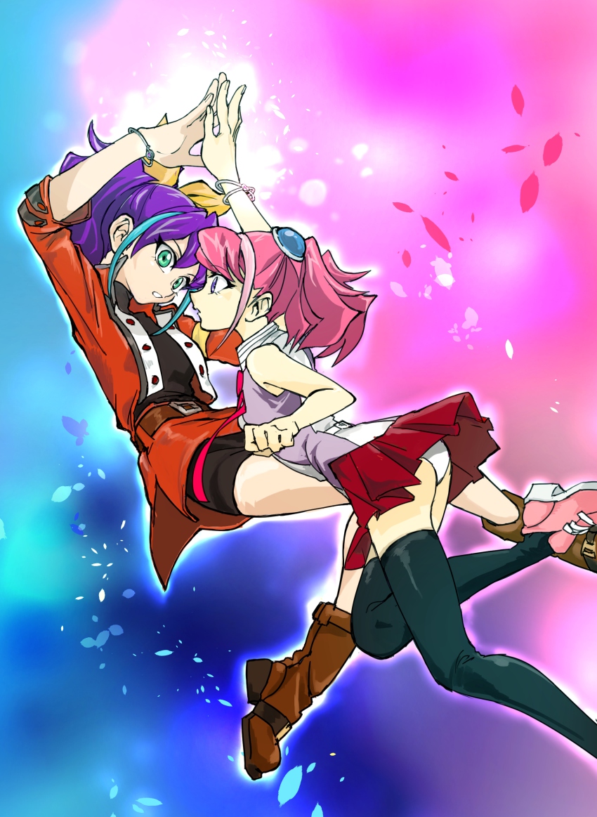 2girls, absurdres, bad_id, bad_pixiv_id, bike_shorts, black_legwear, blue_eyes, blue_hair