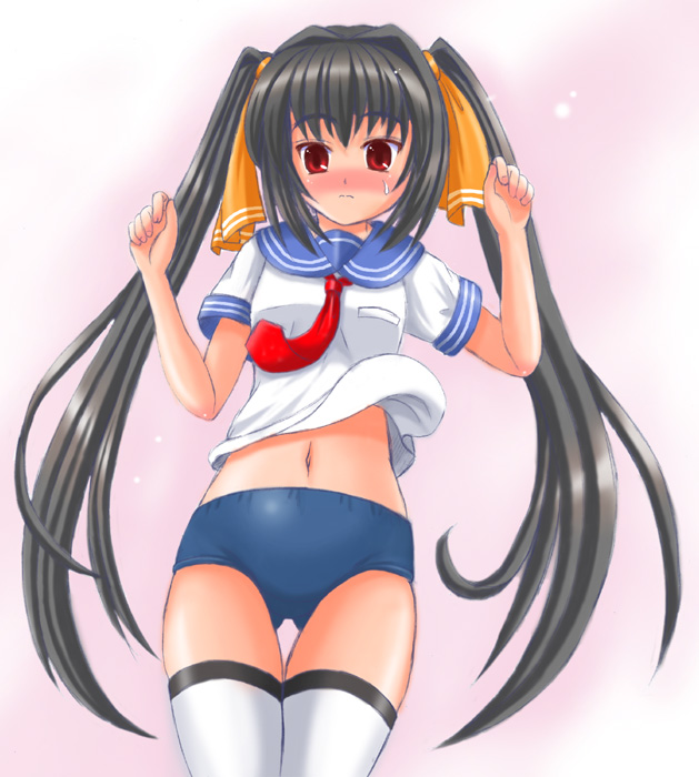 1girl, black_hair, blush, buruma, female_focus, gluteal_fold, gradient_background, kooh_(pangya), long_twintails, midriff, necktie, pangya, red_eyes, school_uniform, serafuku, solo, tears, thigh_gap, thighhighs, twintails, utsubo_kazura, white_thighhighs
