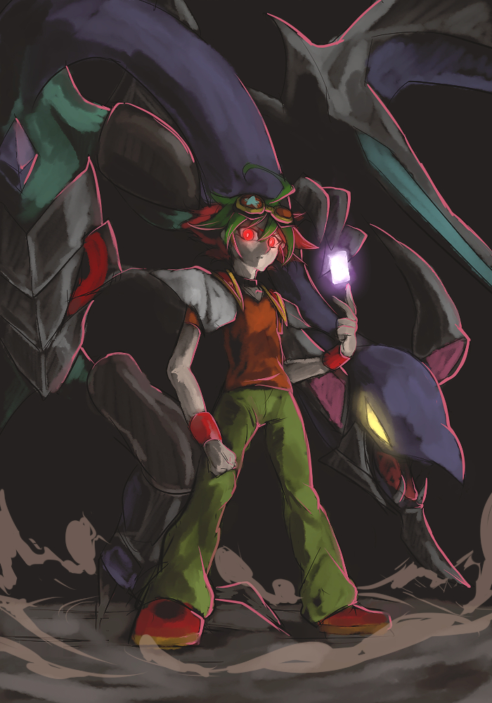 1boy, ahoge, bad_id, bad_pixiv_id, card, choker, dark_rebellion_xyz_dragon, dragon