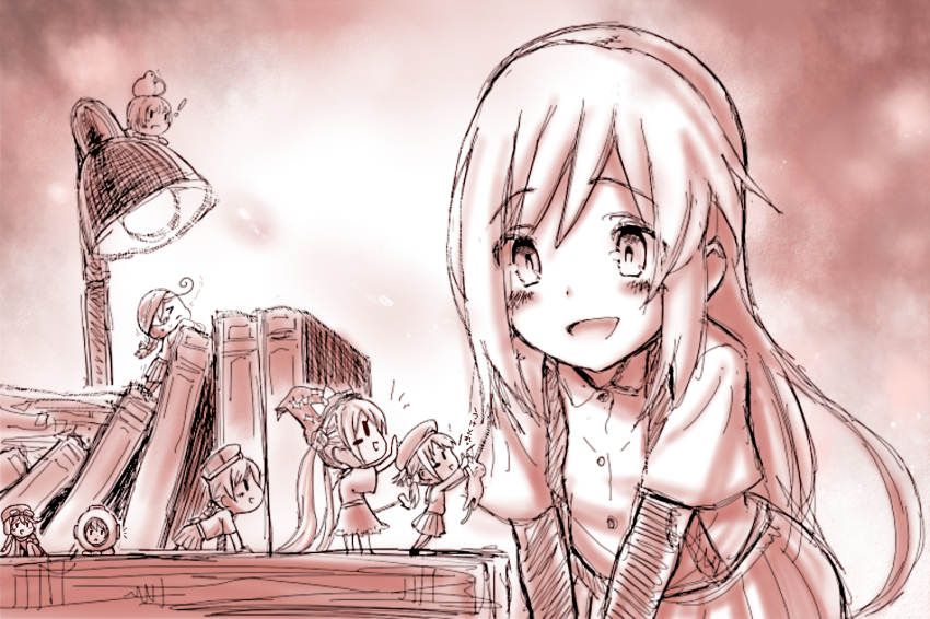 15.5cm_triple_gun_mount, 1girl, 46cm_triple_gun_mount, 6+girls, asashio_(kancolle), bad_id, bad_pixiv_id, batsubyou