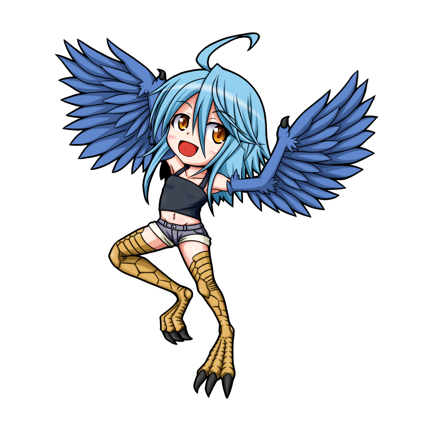 10s, 1girl, :d, ahoge, aoba_kino, blue_hair, blue_wings, breasts, chibi, feathered_wings, female_focus, full_body, harpy, monster_girl, monster_musume_no_iru_nichijou, navel, open_mouth, orange_eyes, papi_(monster_musume), short_shorts, shorts, simple_background, small_breasts, smile, solo, talons, white_background, winged_arms, wings