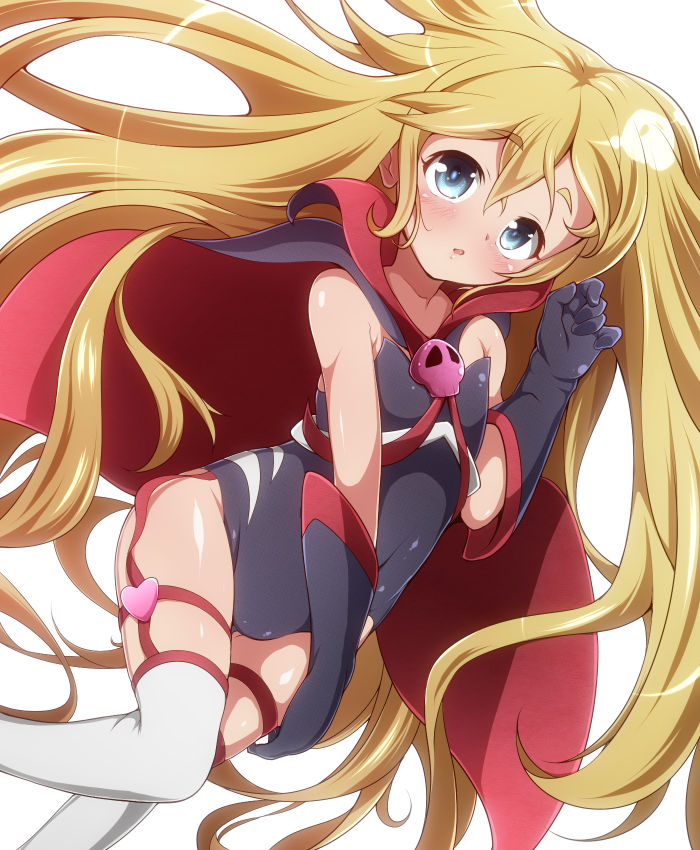 10s, 1girl, :o, akasyabotan, bad_id, bad_pixiv_id, bare_shoulders, black_gloves, blonde_hair, blue_eyes, blush, cape, doronjo, dutch_angle, elbow_gloves, female_focus, flat_chest, floating_hair, garter_straps, gloves, heart, leopard_(yatterman), leotard, long_hair, looking_at_viewer, no_mask, open_mouth, simple_background, skull, solo, thigh_strap, thighhighs, time_bokan_(series), very_long_hair, white_background, white_thighhighs, yatterman, yoru_no_yatterman