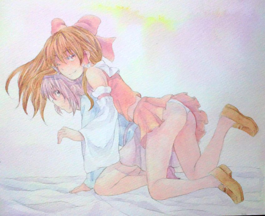 2girls, ass, bow, brown_eyes, brown_footwear, brown_hair, detached_sleeves, dry_humping, from_behind, full_body, hair_bow, hair_tubes, hairband, hakurei_reimu, highres, humping, kneeling, komeiji_satori, loafers, long_hair, long_sleeves, looking_at_viewer, looking_to_the_side, miniskirt, multiple_girls, one_eye_closed, painting_(medium), panties, pantyshot, pink_background, pleated_skirt, profile, purple_hair, shoes, sideways_glance, skirt, smile, touhou, traditional_media, underwear, upskirt, watercolor_(medium), white_panties, yuri, yuyu_(00365676)