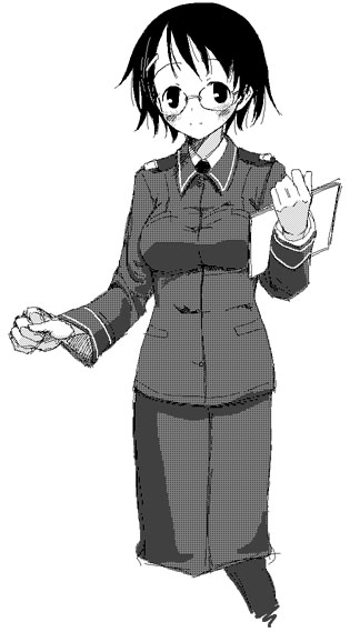 00s, 1girl, blush, breasts, female_focus, fujieda_nanae, glasses, greyscale