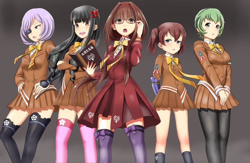 10s, 5girls, aoki_hagane_no_arpeggio, ashigara_(aoki_hagane_no_arpeggio), black_eyes, black_hair, book, braid