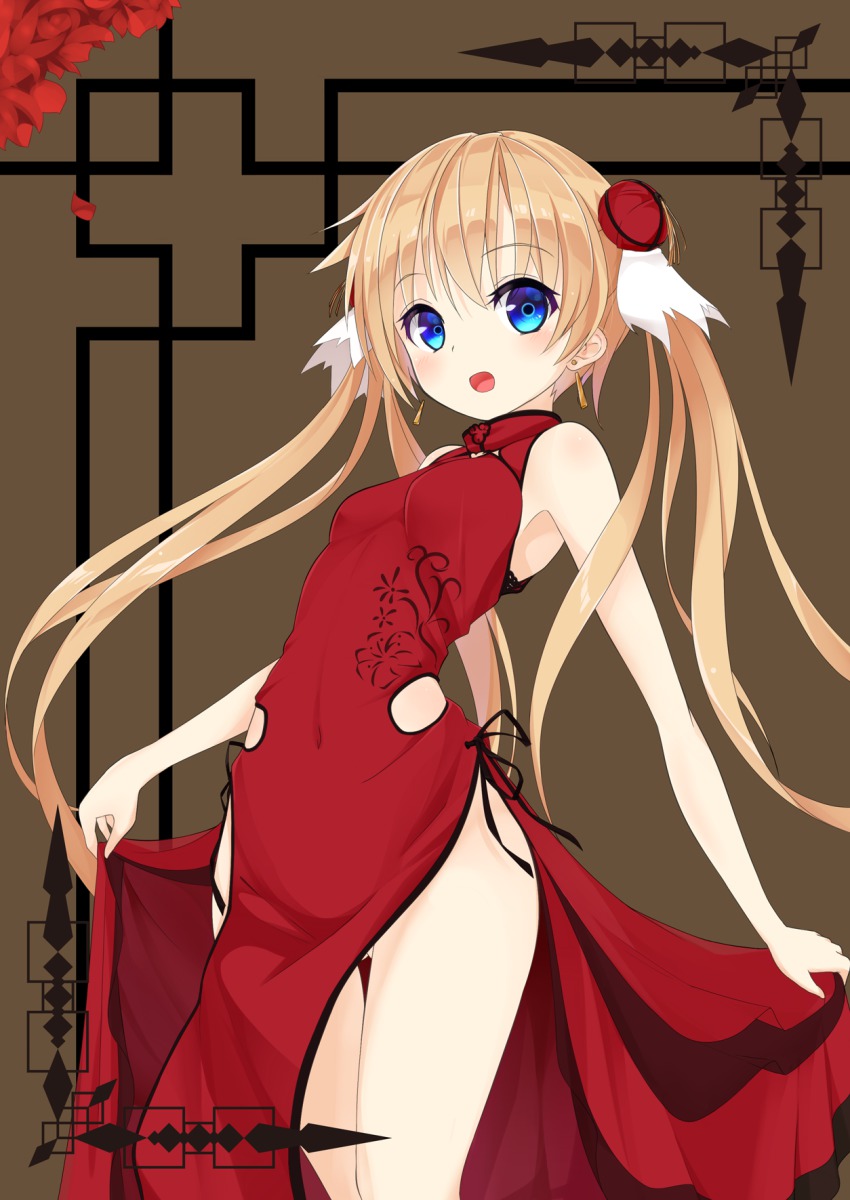 1girl, :d, bad_id, bad_pixiv_id, blonde_hair, blue_eyes, blush, bun_cover