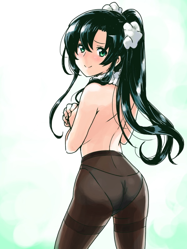 1girl, ass, black_hair, black_pantyhose, breasts, covering_breasts, covering_privates, crotch_seam, female_focus, green_eyes, hair_ornament, high-waist_pantyhose, kato_takuji, long_hair, looking_back, panties, panties_under_pantyhose, pantyhose, ponytail, puzzle_&amp;_dragons, smile, solo, thighband_pantyhose, topless_female, underwear, verdandi_(p&amp;d), white_panties