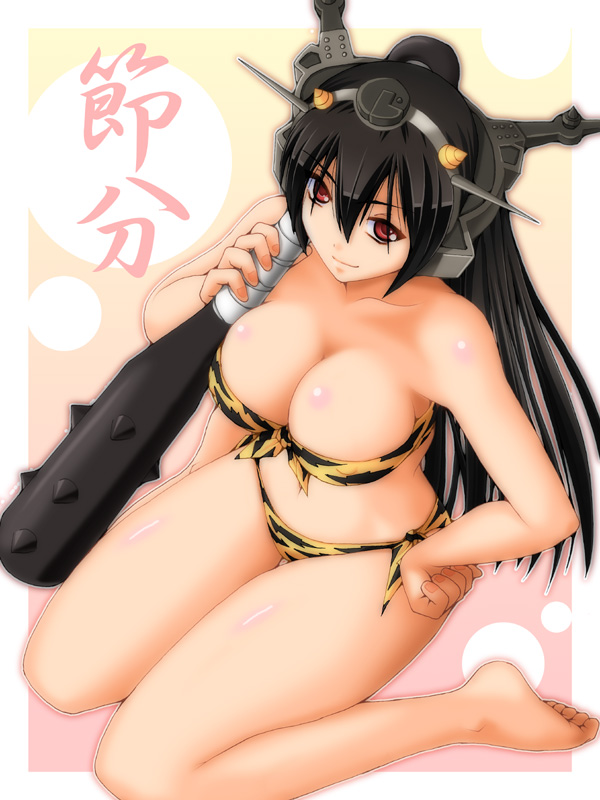 10s, 1girl, alternate_costume, animal_print, bikini, black_hair, breasts, cleavage, club, club_(weapon), from_above, headgear, horns, kanabou, kantai_collection, keito_(keito-ya), large_breasts, long_hair, looking_at_viewer, looking_up, nagato_(kancolle), oni, red_eyes, setsubun, spiked_club, strapless, strapless_bikini, swimsuit, tiger_print, weapon, yellow_bikini