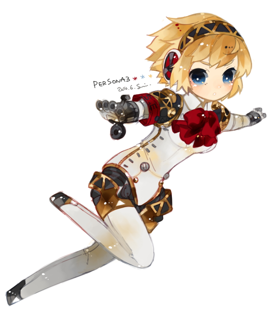 1girl, :o, aigis_(persona), android, armband, blonde_hair, blue_eyes, bow, bowtie, copyright_name, dated, female_focus, hairband, headphones, highres, joints, looking_at_viewer, persona, persona_3, ribbon, robot_joints, short_hair, simple_background, solo, sumisu_(rinsumi), weapon, white_background