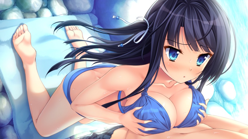 1boy, 1girl, ass, barefoot, bikini, black_hair, blue_bikini, blue_eyes, blush, breasts, butt_crack, cleavage, dutch_angle, game_cg, grabbing_another's_breast, groping, hair_ribbon, hetero, kneeling, large_breasts, long_hair, manazuru_misaki, mat, natsu_no_iro_no_nostalgia, navel, one_side_up, open_mouth, ribbon, rock, sexually_suggestive, swimsuit, yamakaze_ran