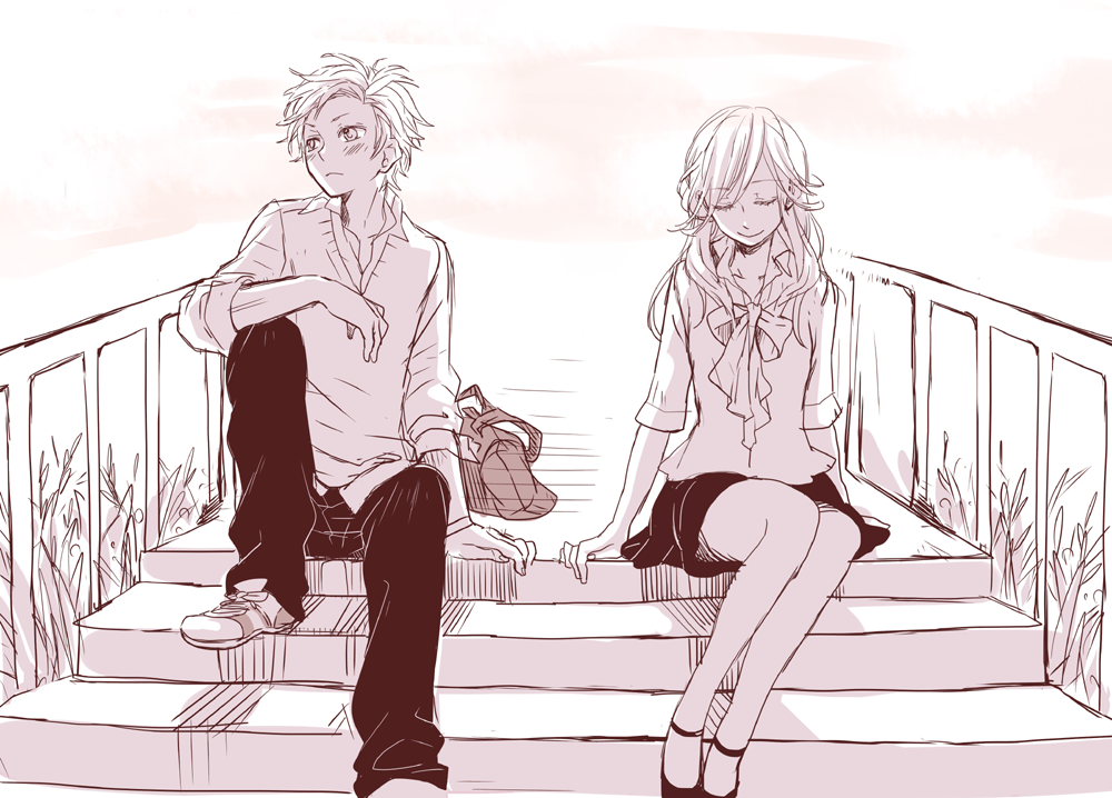 1boy, 1girl, aged_up, aida_miou, arms_at_sides, bag, blouse, blush