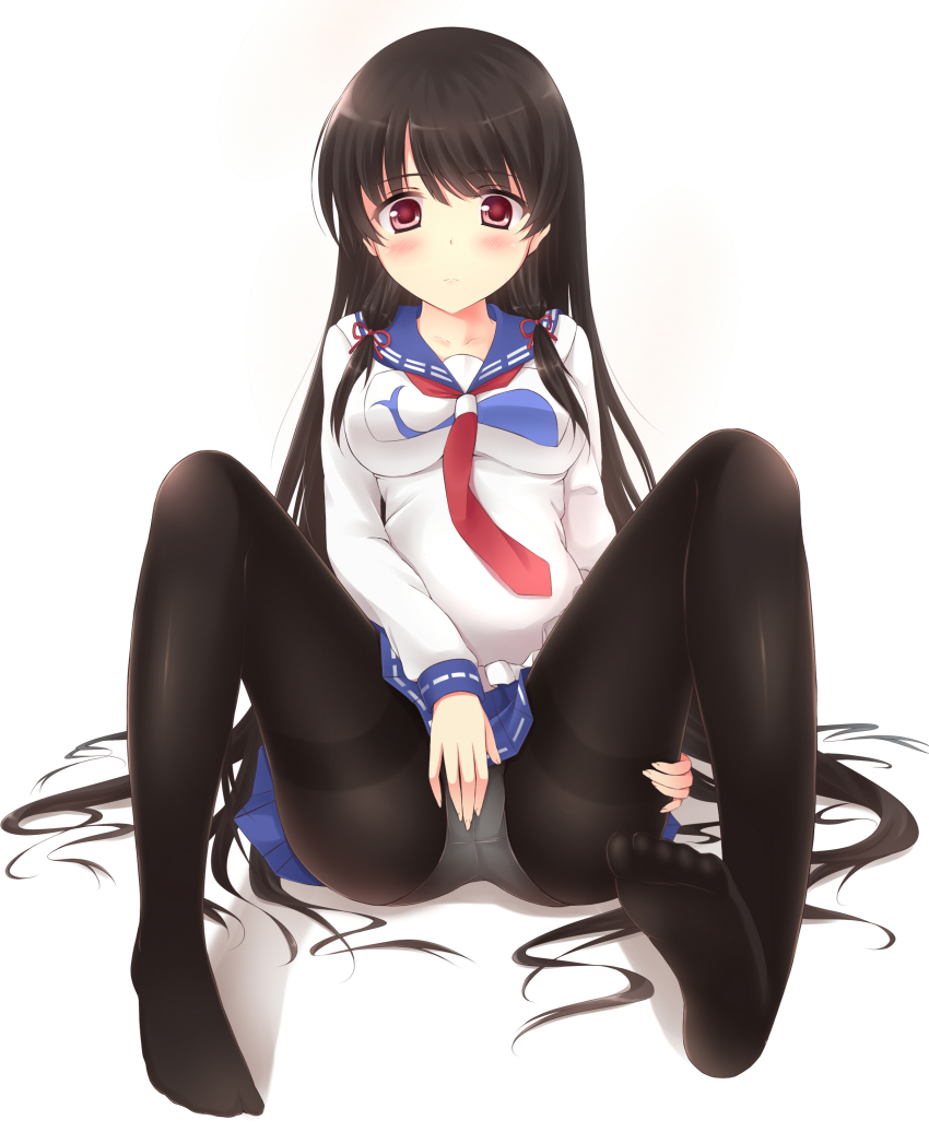 1girl, absurdres, black_hair, black_pantyhose, blush, breasts, cosplay, feet, female_focus, highres, isokaze_(kancolle), kantai_collection, long_hair, no_shoes, panties, panties_under_pantyhose, pantyhose, red_eyes, school_uniform, serafuku, skirt, solo, taigei_(kancolle), taigei_(kancolle)_(cosplay), thighband_pantyhose, underwear, very_long_hair, zhou_yu_(ppaaqz1995)