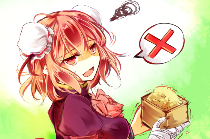 1girl, :d, annoyed, bandaged_arm, bandages, beans, box, bun_cover