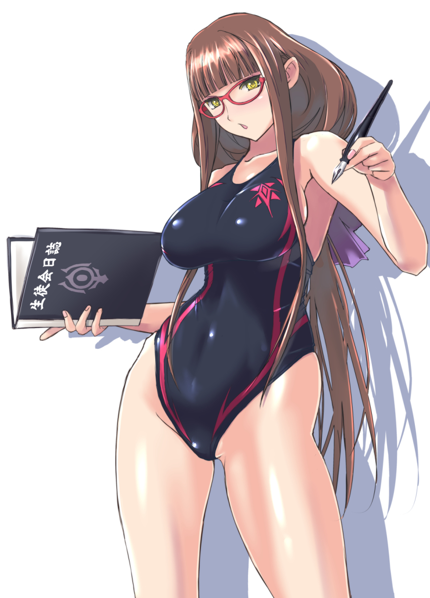 10s, 1girl, aoki_hagane_no_arpeggio, book, brown_hair, competition_swimsuit, nib_pen_(object), glasses, hiei_(aoki_hagane_no_arpeggio), highres, long_hair, low_ponytail, nenchi, one-piece_swimsuit, pen, ponytail, standing, swimsuit, very_long_hair, yellow_eyes