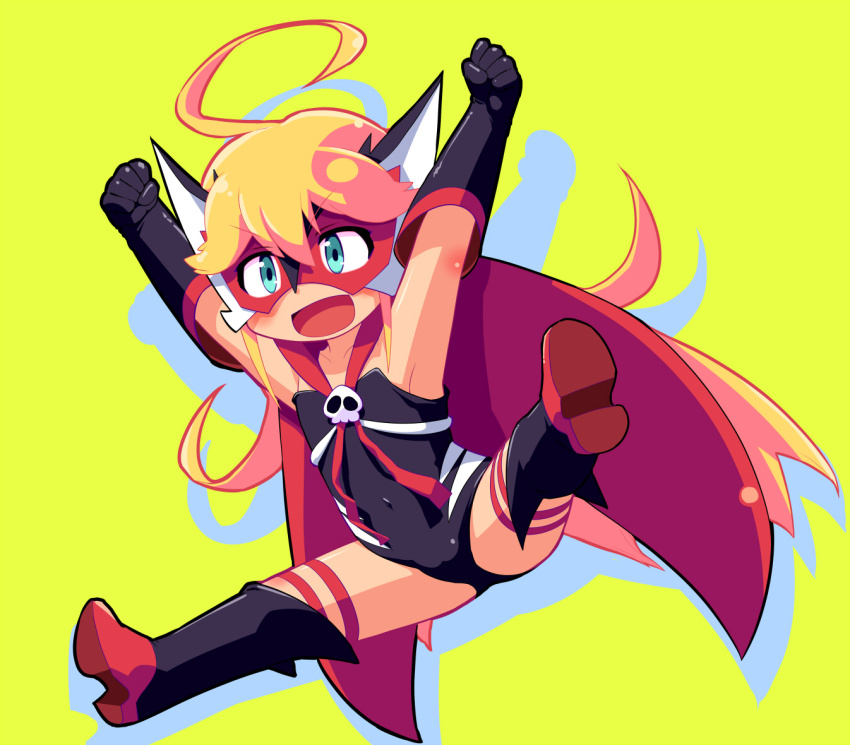 10s, 1girl, :d, ahoge, aqua_eyes, arms_up, blonde_hair, cape