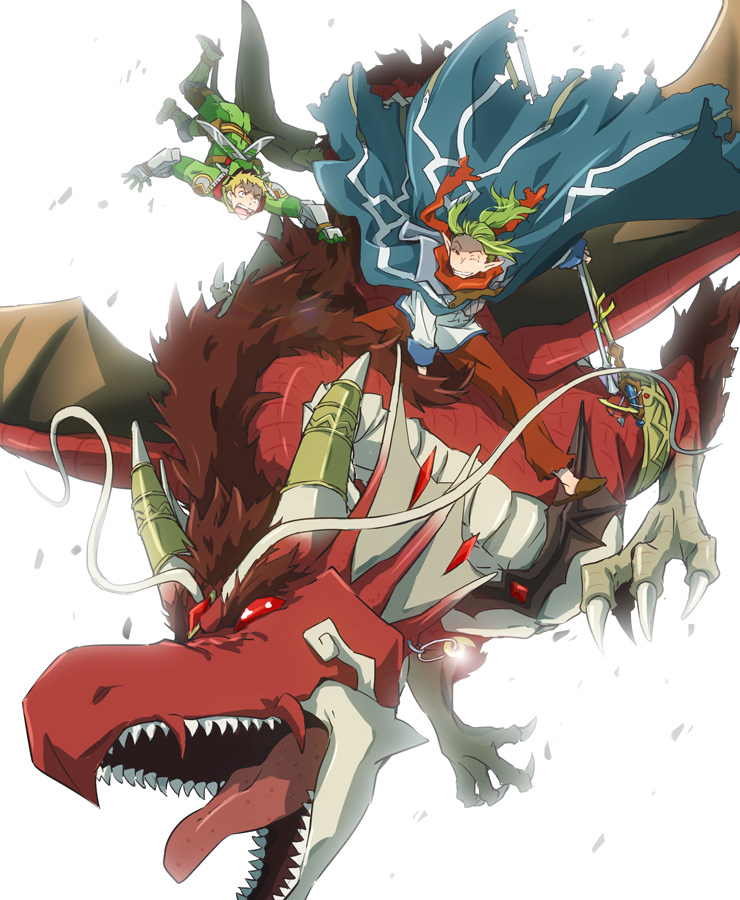 10s, 2boys, blonde_hair, cape, dragon, ga-tan_(log_horizon), green_hair, k.r.