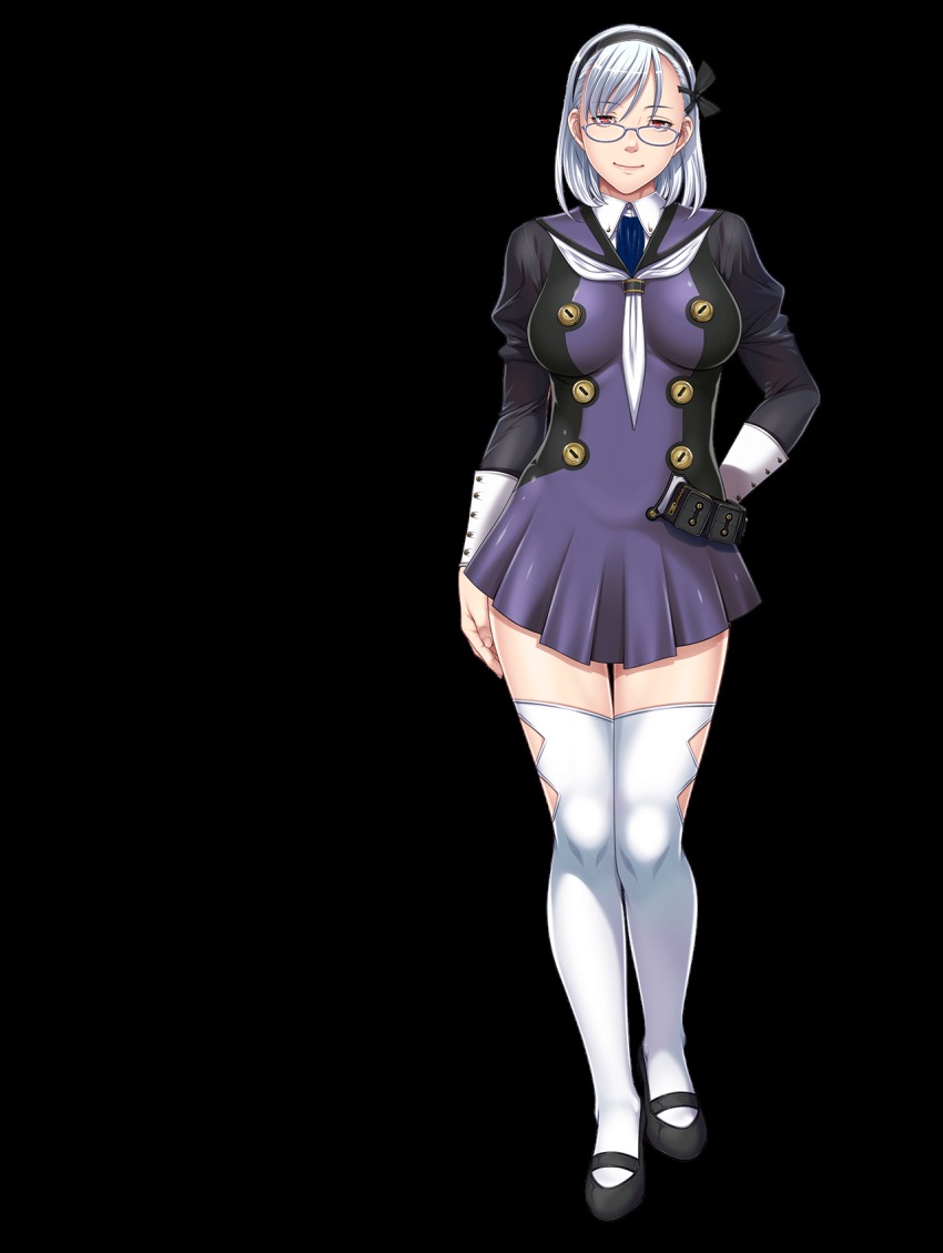 1girl, breasts, closed_game, dress, empress_(studio), female_focus, full_body, glasses, hairband, hand_on_own_hip, highres, large_breasts, light_smile, looking_at_viewer, marielle_clemens, mary_janes, purple_eyes, red_eyes, seductive_smile, sei_shoujo, shoes, short_dress, smile, solo, thighhighs, thighs, transparent_background, white_hair, zettai_ryouiki