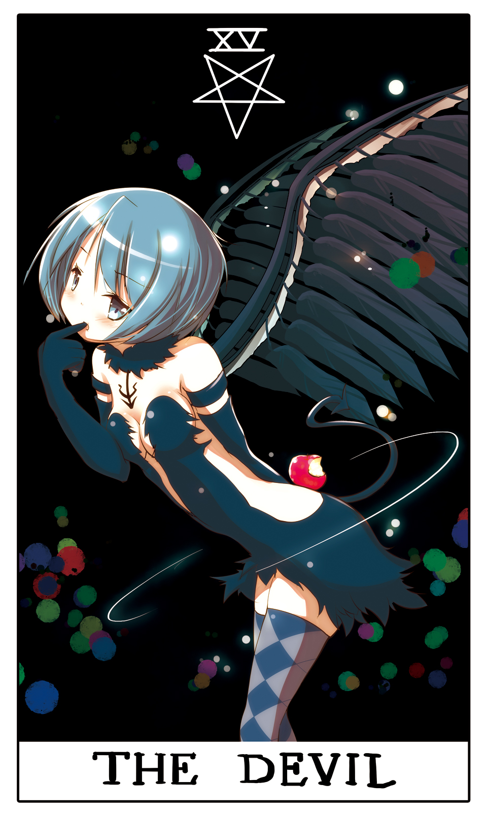 1girl, akemi_homura, akuma_homura, akuma_homura_(cosplay), apple, argyle_clothes, argyle_thighhighs, bare_shoulders