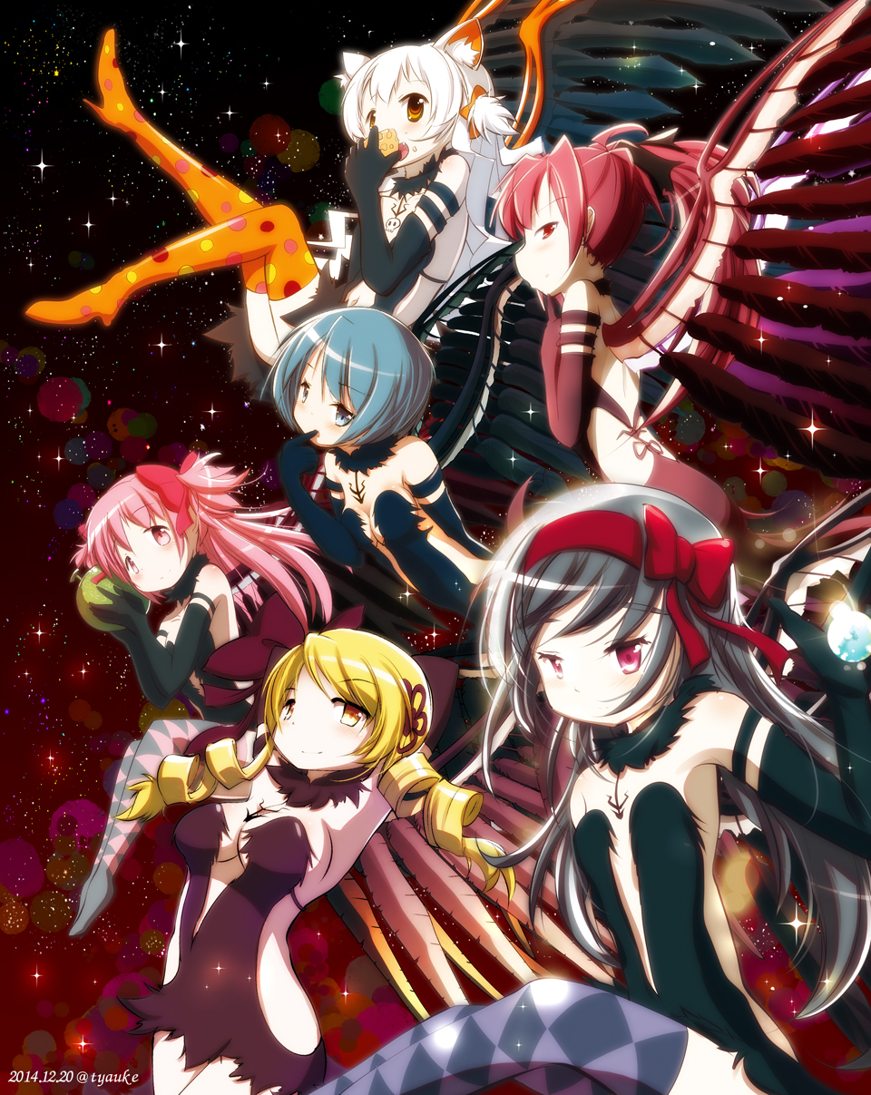 2014, 6+girls, akemi_homura, akuma_homura, akuma_homura_(cosplay), animal_ears, apple, argyle_clothes