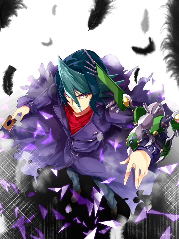1boy, bad_id, bad_pixiv_id, bird, blue_hair, card, coat, duel_monster, eirakko, feathers, kurosaki_shun_(yu-gi-oh!), male_focus, mecha, multicolored_hair, raidraptor_-_vanishing_lanius, robot, scarf, solo, two-tone_hair, vanishing_lanius, yellow_eyes, yu-gi-oh!, yu-gi-oh!_arc-v