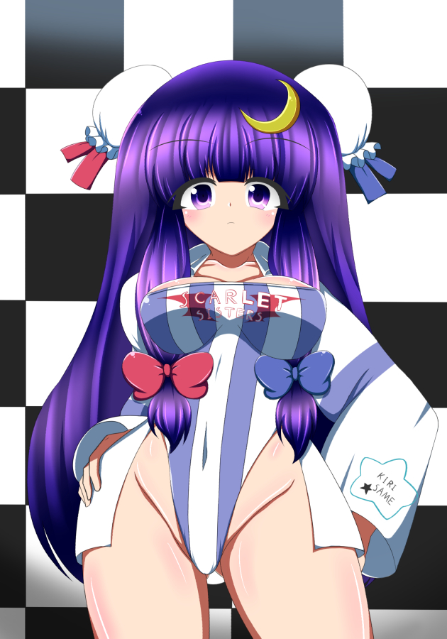 1girl, bun_cover, checkered_background, crescent, double_bun, groin, hand_on_own_hip, highleg
