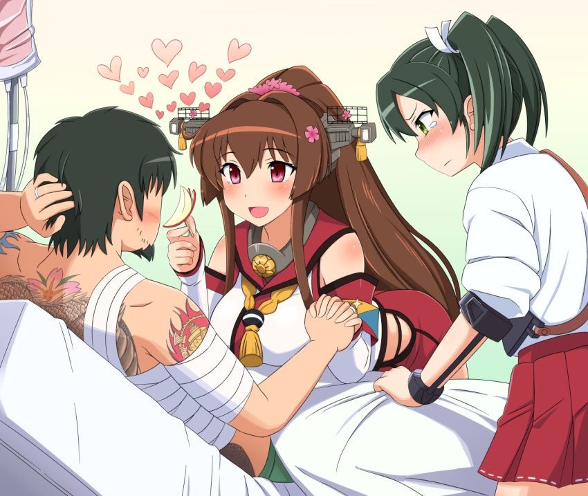 10s, 1boy, 2girls, :d, apple_rabbit, artist_self-insert, bad_id, bandages, bed, bed_sheet, black_hair, blush, breasts, brown_hair, detached_sleeves, facial_hair, flower, food, food_art, ganesha, goatee, gradient_background, green_eyes, green_hair, hair_flower, hair_ornament, hakama, hakama_short_skirt, hakama_skirt, headgear, heart, holding_hands, hospital_bed, interlocked_fingers, intravenous_drip, japanese_clothes, jealous, jewelry, kantai_collection, large_breasts, long_hair, lying, multiple_girls, muneate, nontraditional_miko, on_back, open_mouth, ponytail, red_eyes, ribbon-trimmed_skirt, ribbon_trim, ring, scratching_head, scrunchie, shin'en-san_(shin'en), shin'en_(gyokuro_company), short_hair, sidelocks, skirt, smile, tattoo, tears, twintails, wedding_band, yamato_(kancolle), zuikaku_(kancolle)