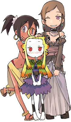 3girls, :<, age_difference, ahoge, anklet, atlus, barefoot, bikini, black_hair, blonde_hair, blush, brown_hair, child, choker, dark-skinned_female, dark_skin, dress, earrings, embarrassed, etrian_odyssey, frills, gradient_hair, grey_eyes, grin, hand_on_head, hashimoto_shin, hoop_earrings, jewelry, kupala_(sekaiju), leg_lift, legs, long_hair, looking_at_viewer, lowres, midriff, mole, mole_under_eye, mouth_hold, multicolored_hair, multiple_girls, navel, necklace, one_eye_closed, orange_hair, pale_skin, pink_eyes, ponytail, purple_eyes, red_eyes, sakuya_(sekaiju), sandals, sash, shawl, shilleka, shoe_dangle, short_hair, sidelocks, simple_background, skirt, smile, standing, standing_on_one_leg, swept_bangs, swimsuit, two-tone_hair, wink