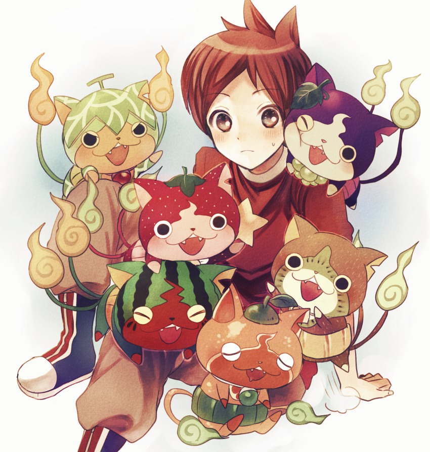 10s, 1boy, amano_keita, arm_support, bad_id, bad_pixiv_id, blush, boots, brown_eyes, brown_hair, budounyan, cantaloupe, cat, drooling, fangs, food, frown, fruit, grapes, highres, ichigonyan, kiwi_(fruit), kiwinyan, kurodeko, male_focus, mandarin_orange, melon, melonnyan, mikannyan, multiple_tails, notched_ear, one_eye_closed, open_mouth, red_shirt, shirt, short_hair, sitting, star_(symbol), strawberry, suikanyan, sweat, tail, traditional_youkai, two_tails, watermelon, white_background, youkai_watch, youkai_watch_2