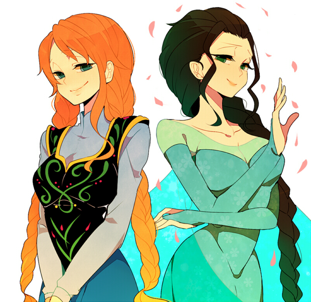 2girls, anna_(frozen), anna_(frozen)_(cosplay), bad_id, bad_pixiv_id, black_hair, braid, breasts, cosplay, dress, elsa_(frozen), elsa_(frozen)_(cosplay), frozen_(disney), green_eyes, hair_slicked_back, komomo1214, long_hair, looking_at_viewer, multiple_girls, nami_(one_piece), nico_robin, one_piece, orange_hair, petals, single_braid, smile, twin_braids