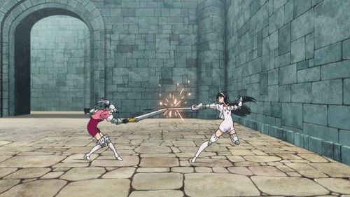 10s, 2girls, animated, animated_gif, armor, black_hair, closed_eyes, fighting
