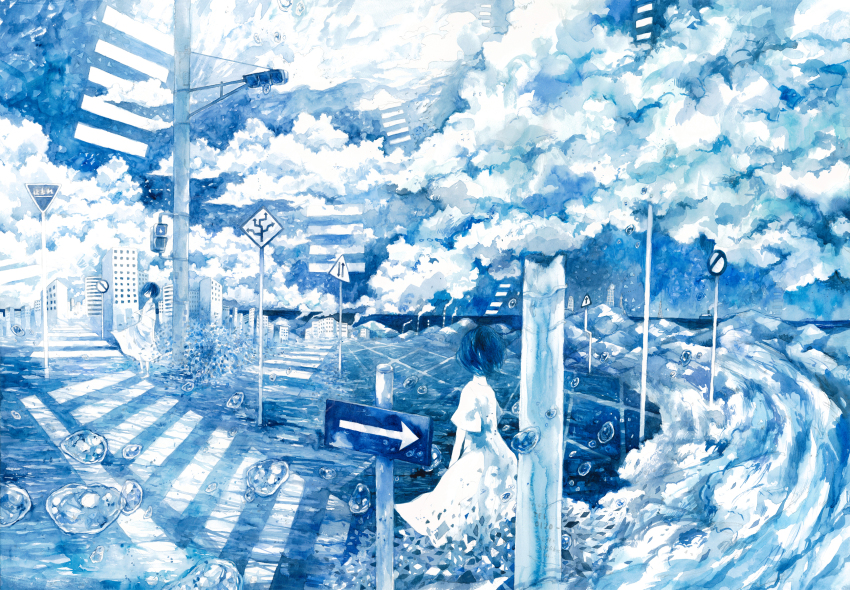1girl, abstract, arrow_(symbol), bad_id, bad_pixiv_id, black_hair, blue_theme, building, bush, cloud, cloudy_sky, crosswalk, dress, graphite_(medium), highres, hill, horizon, japanese_stop_sign, looking_away, mountain, multiple_views, one_way_sign, original, painting_(medium), radio_tower, road, road_closed_to_vehicles_sign, road_sign, satellite_dish, scenery, short_hair, sign, sky, smokestack, stop_sign, street, surreal, traditional_media, traffic_light, water, water_drop, watercolor_(medium), wayukako, white_dress