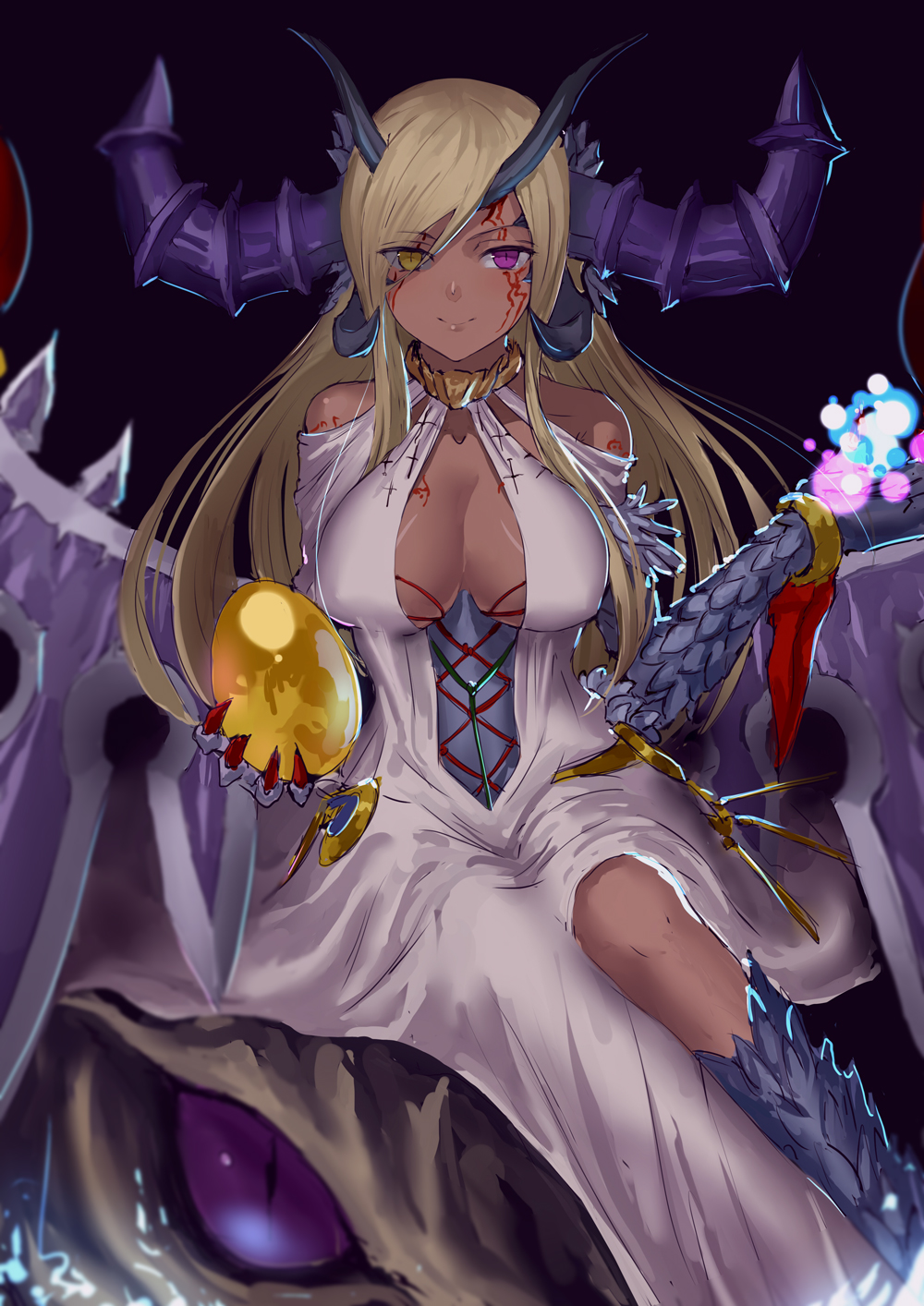 1girl, bare_shoulders, black_background, blonde_hair, breasts, claws, cleavage, dark-skinned_female, dark_skin, dragon, dragon_girl, dragon_horns, dragon_wings, dress, egg, facial_mark, female_focus, gold_egg_(p&amp;d), heterochromia, highres, horns, jyon, large_breasts, long_hair, looking_at_viewer, purple_eyes, puzzle_&amp;_dragons, scales, simple_background, sitting, slit_pupils, smile, solo, sonia_gran, wings, yellow_eyes