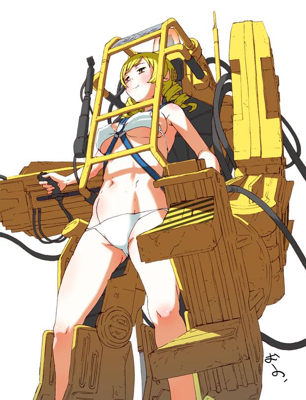 1girl, alien_(series), aliens_(1986), bikini, blonde_hair, drill_hair, exoskeleton, mahou_shoujo_madoka_magica, mecha, oono_tsutomu, parody, power_loader, robot, signature, simple_background, swimsuit, tomoe_mami