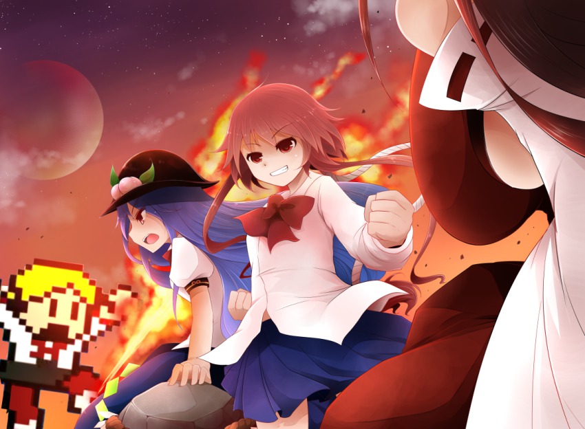 10s, 4girls, arano_oki, bow, bowtie, etomo_shuko, hinanawi_tenshi, long_hair