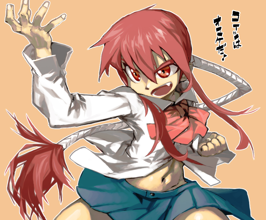 bow, bowtie, etomo_shuko, fang, long_hair, m.u.g.e.n, navel, open_mouth, ponytail, red_eyes, red_hair, school_uniform, shirt, skirt, tagme, very_long_hair, ysk!