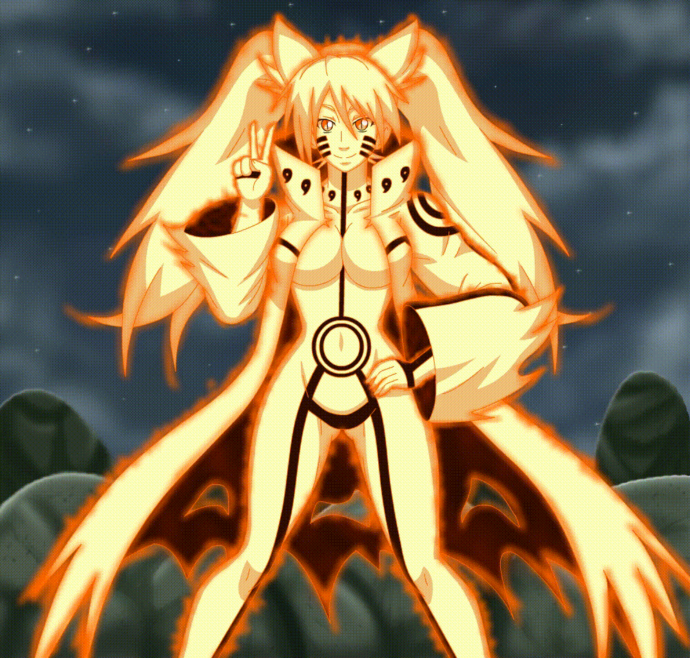 1girl, animal_ears, animated, animated_gif, aura, breasts, female_focus, fiery_aura, genderswap, genderswap_(mtf), glowing, gluteal_fold, hand_on_own_hip, kyuubi_(naruto), large_breasts, lewdamone, long_hair, naruko_(naruto), naruto_(classic), naruto_(series), navel, red_eyes, sennin_mode, slit_pupils, smile, solo, twintails, uzumaki_naruto, v, whiskers