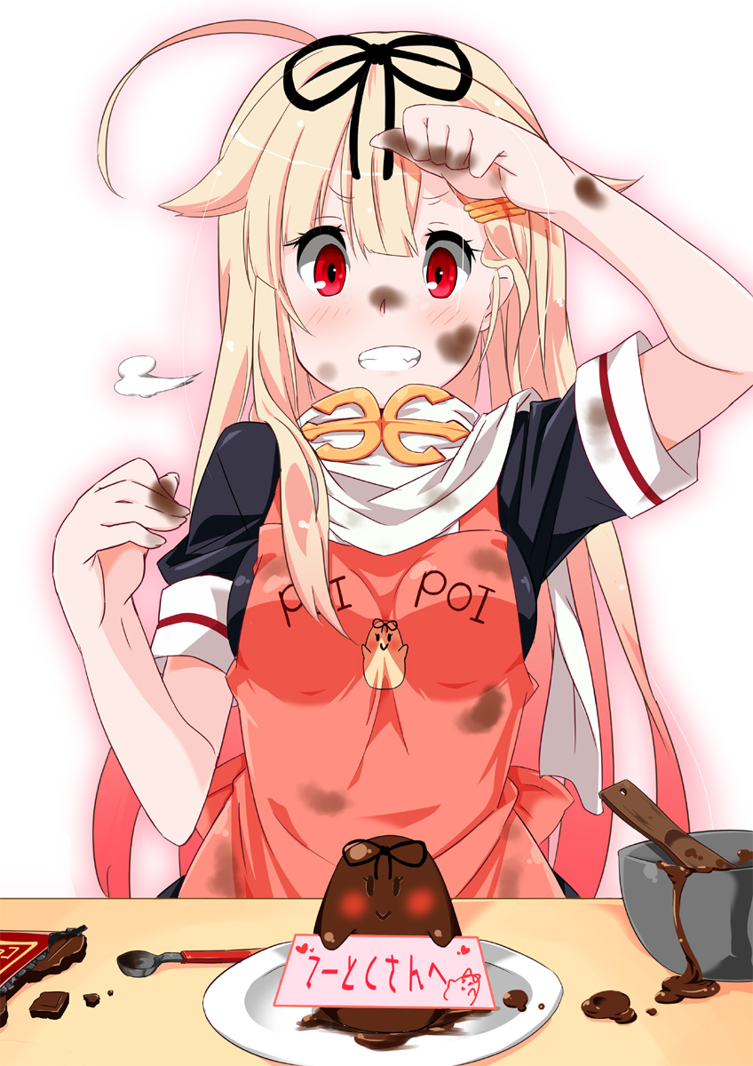 10s, 1girl, apron, black_serafuku, blonde_hair, chocolate, chocolate_making, chocolate_on_face