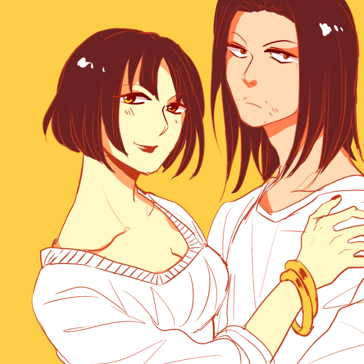 1boy, 1girl, black_hair, bracelet, jewelry, kuri_machiko_(k04), long_hair, mahoujin_guruguru, orange_eyes, red_eyes, runrun_vermeer, sly_(mahoujin_guruguru)