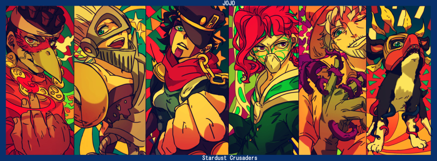 5boys, cosplay, dark-skinned_male, dark_skin, dog, hermit_purple, hierophant_green, hierophant_green_(cosplay), highres, iggy_(jojo), jamutaro, jean_pierre_polnareff, jojo_no_kimyou_na_bouken, joseph_joestar, joseph_joestar_(old), kakyoin_noriaki, kuujou_joutarou, magician's_red, magician's_red_(cosplay), mohammed_avdol, multiple_boys, silver_chariot, silver_chariot_(cosplay), star_platinum, the_fool_(cosplay), the_fool_(stand)