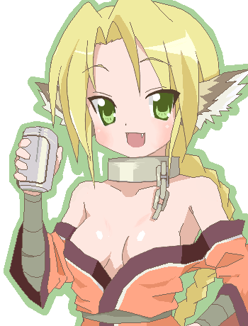 1girl, animal_ears, bare_shoulders, blonde_hair, braid, collar, cosplay, fang, female_focus, green_eyes, karulau, karulau_(cosplay), karura, karura_(cosplay), kuroi_nanako, long_hair, lowres, lucky_star, non-web_source, off_shoulder, parody, solo, utawarerumono