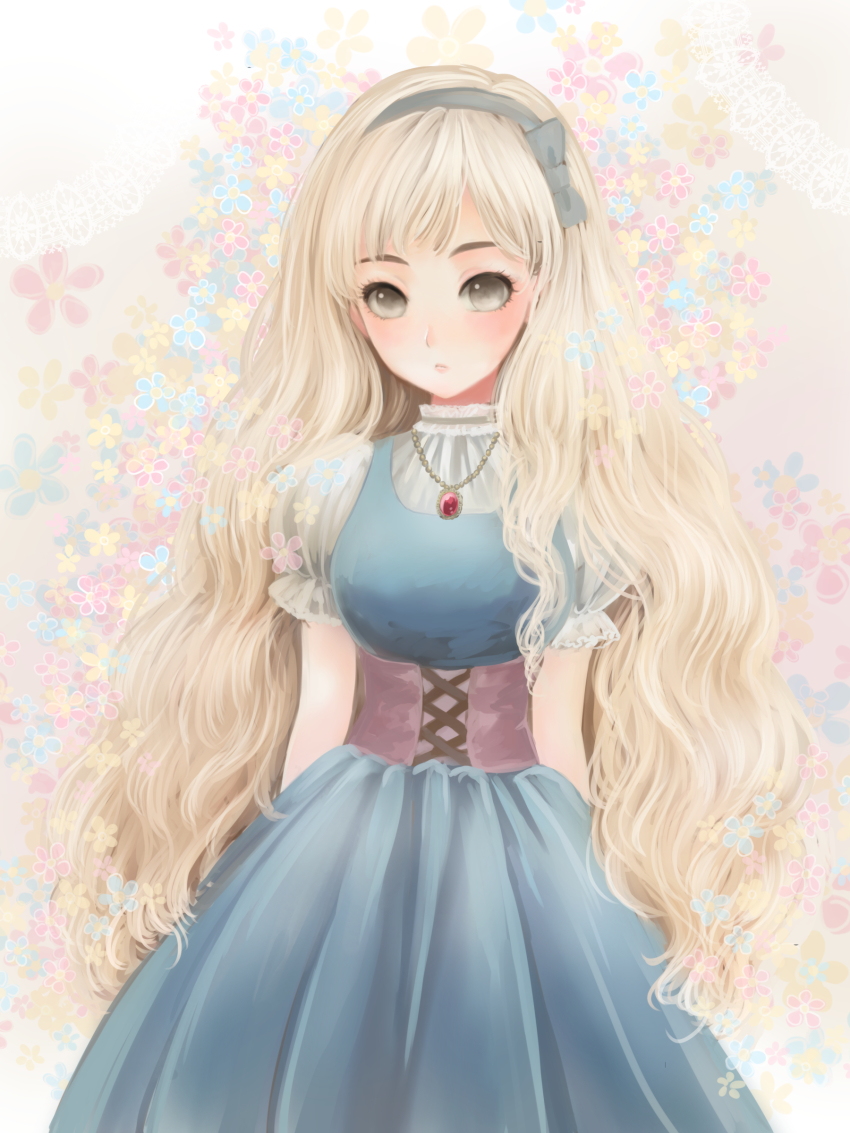 1girl, absurdres, blonde_hair, bow, dress, female_focus, flower, grey_eyes