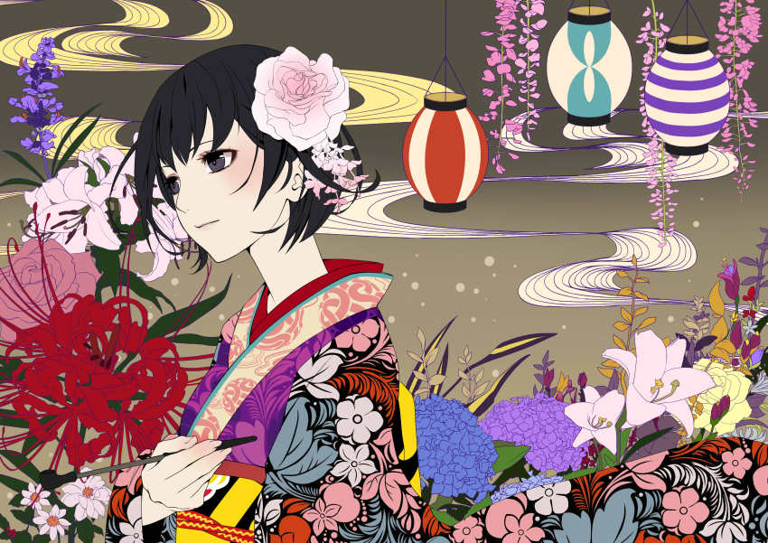 1girl, absurdres, bad_id, bad_pixiv_id, black_hair, blackmoon_(ypps6166), flat_color, floral_print