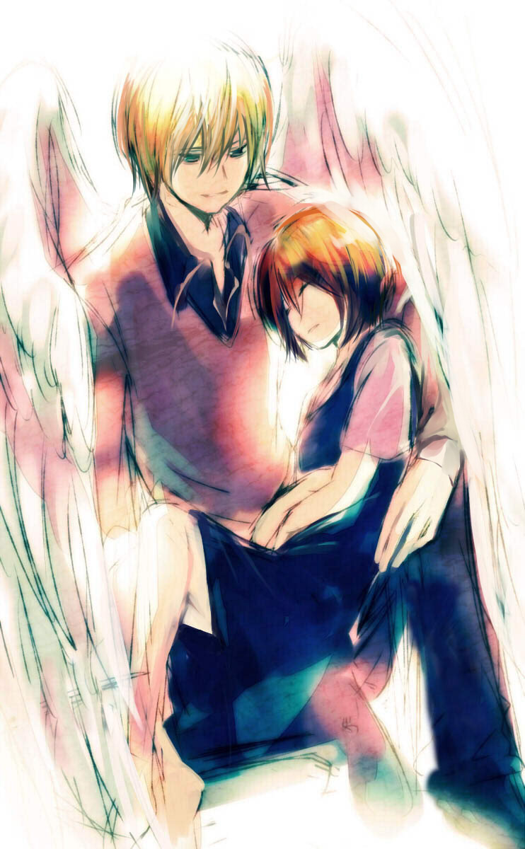 1boy, 1girl, bad_id, bad_pixiv_id, blonde_hair, closed_eyes, highres, meola, orange_hair, sekai_oni, seki_hijiri, shinonome_azuma, short_hair, sleeping, sleeping_on_person, wings